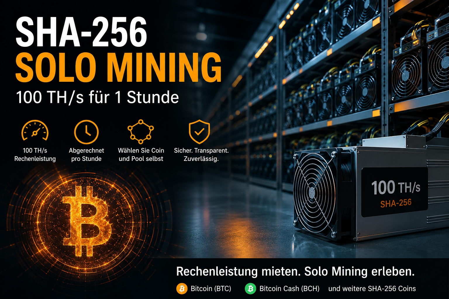 SHA-256 Solo Mining – 100 TH/s für 1 Stunde